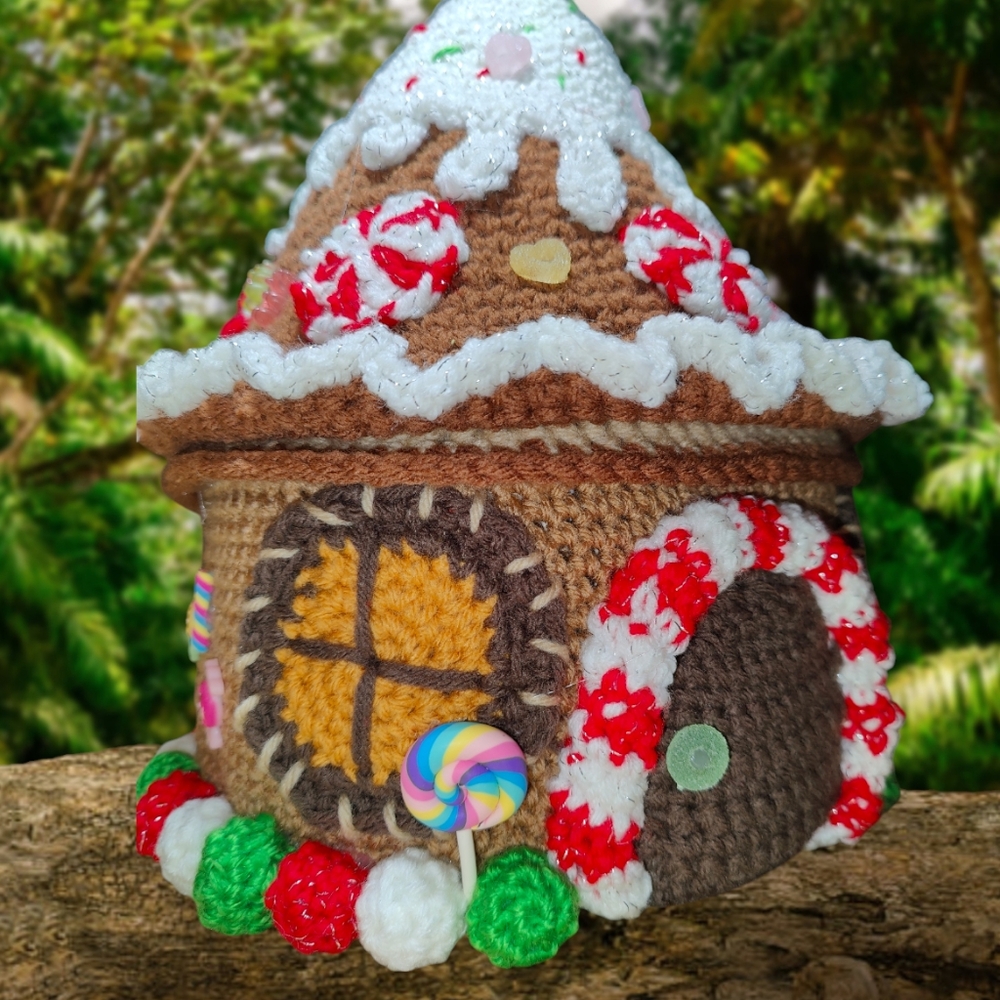 Handmade Crochet Giant Gingerbread Gnome House Basket - Picture 4 of 13